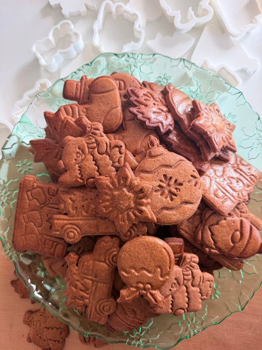 Gingerbread biscuits made with The Cake Printing Studio cutters and stamps